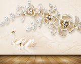 Avikalp MWZ1112 White Golden Flowers Swans 3D HD Wallpaper