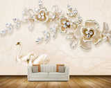 Avikalp MWZ1112 White Golden Flowers Swans 3D HD Wallpaper