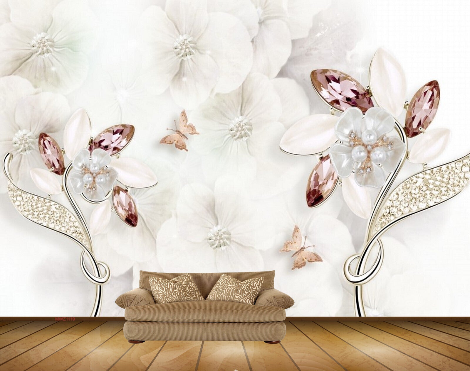 Avikalp MWZ1119 White Flowers Butterflies 3D HD Wallpaper