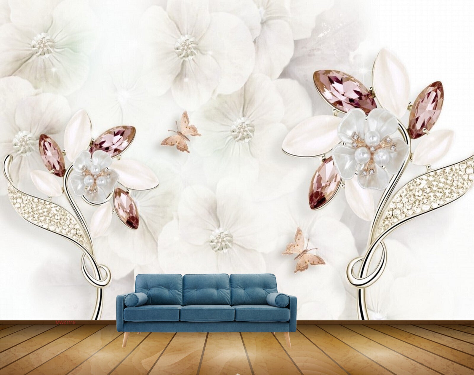Avikalp MWZ1119 White Flowers Butterflies 3D HD Wallpaper