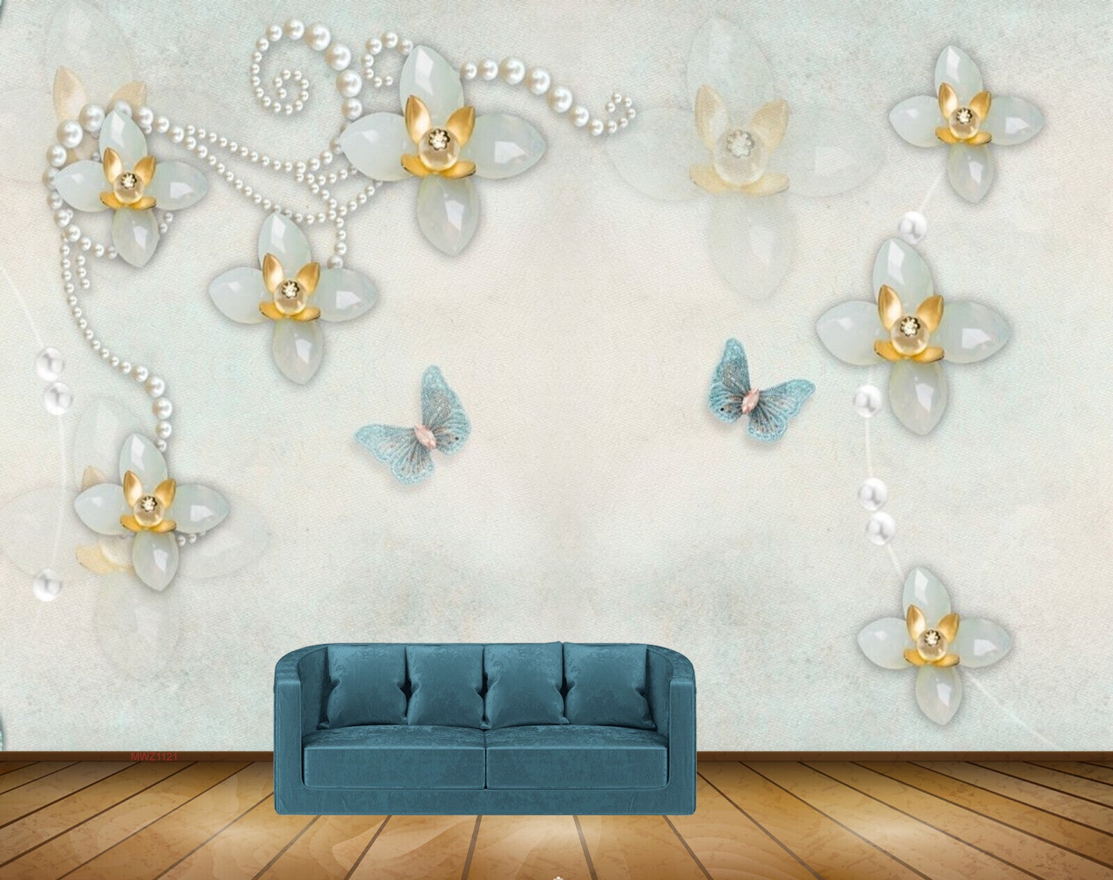 Avikalp MWZ1121 Blue Flowers Butterflies 3D HD Wallpaper