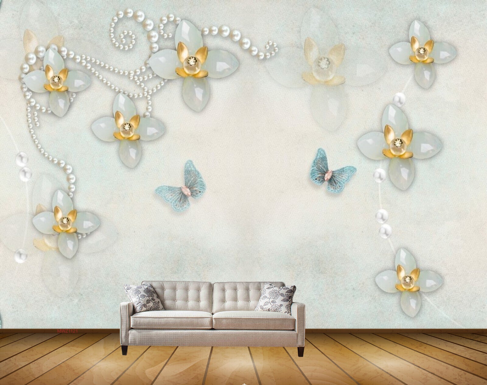 Avikalp MWZ1121 Blue Flowers Butterflies 3D HD Wallpaper