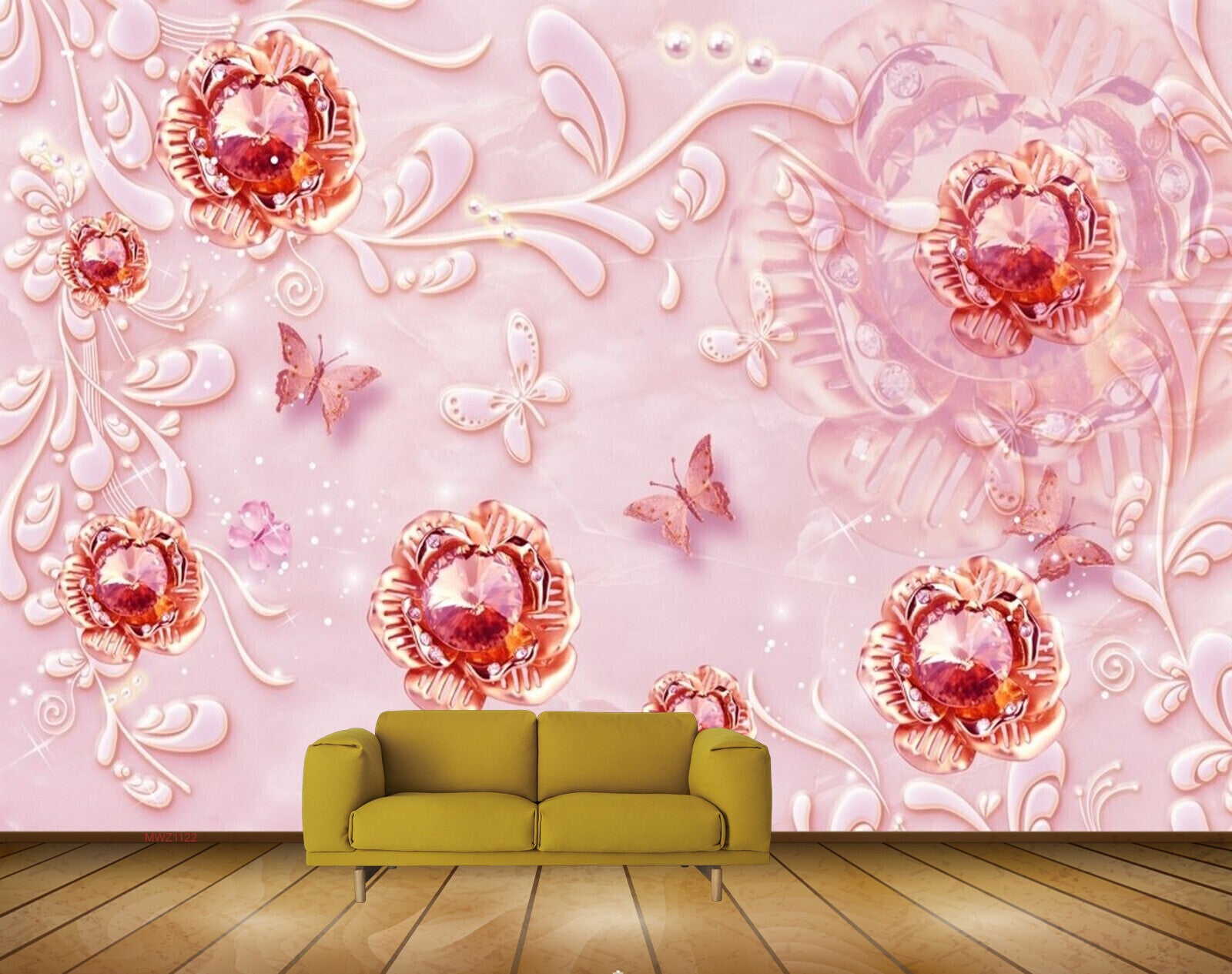 Avikalp MWZ1122 Pink Flowers Butterflies 3D HD Wallpaper