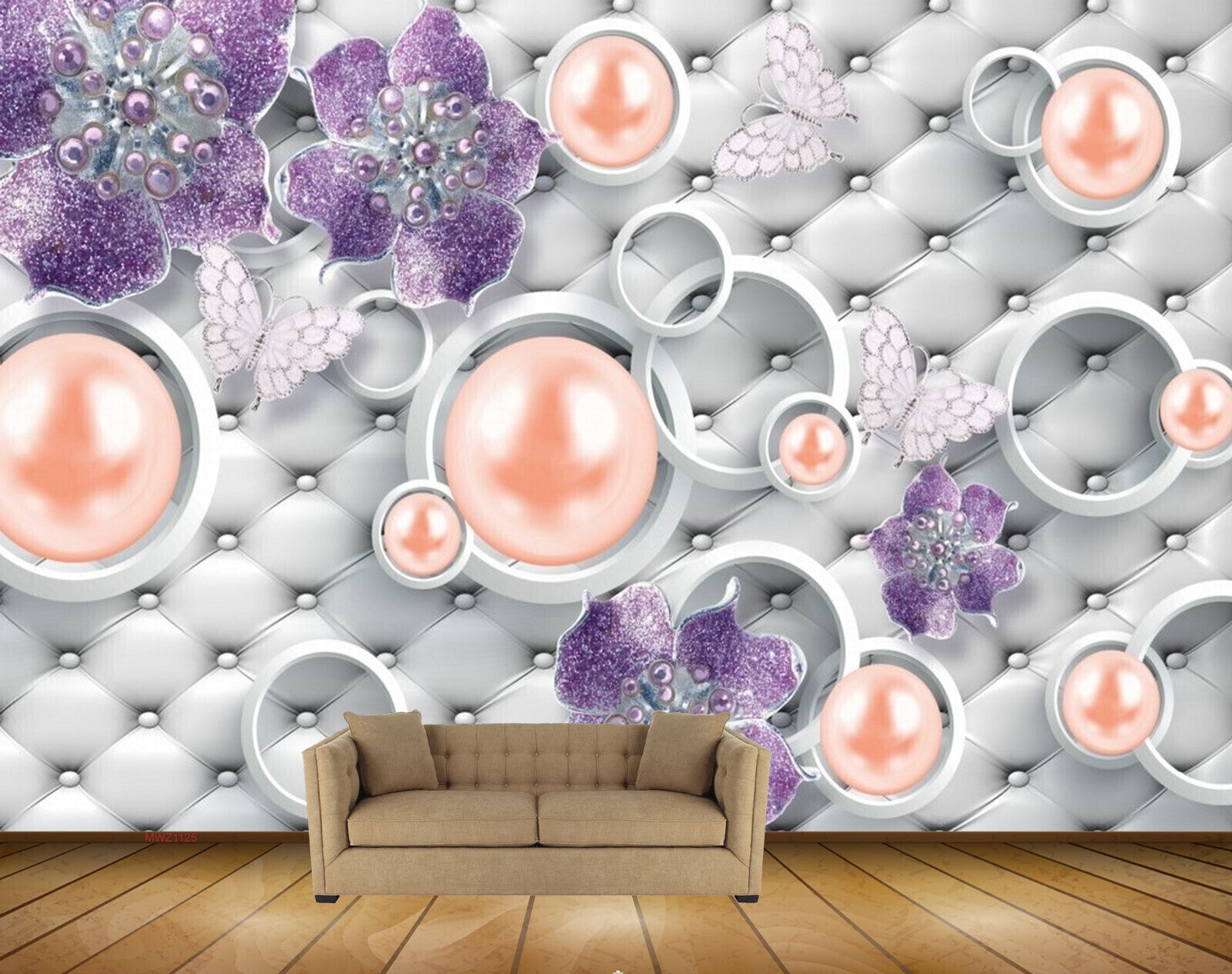 Avikalp MWZ1125 Purple Flowers Butterflies Pearls HD Wallpaper
