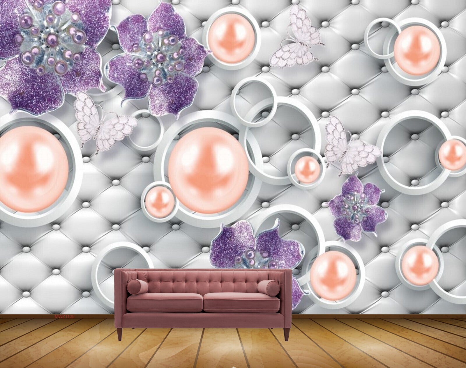 Avikalp MWZ1125 Purple Flowers Butterflies Pearls 3D HD Wallpaper