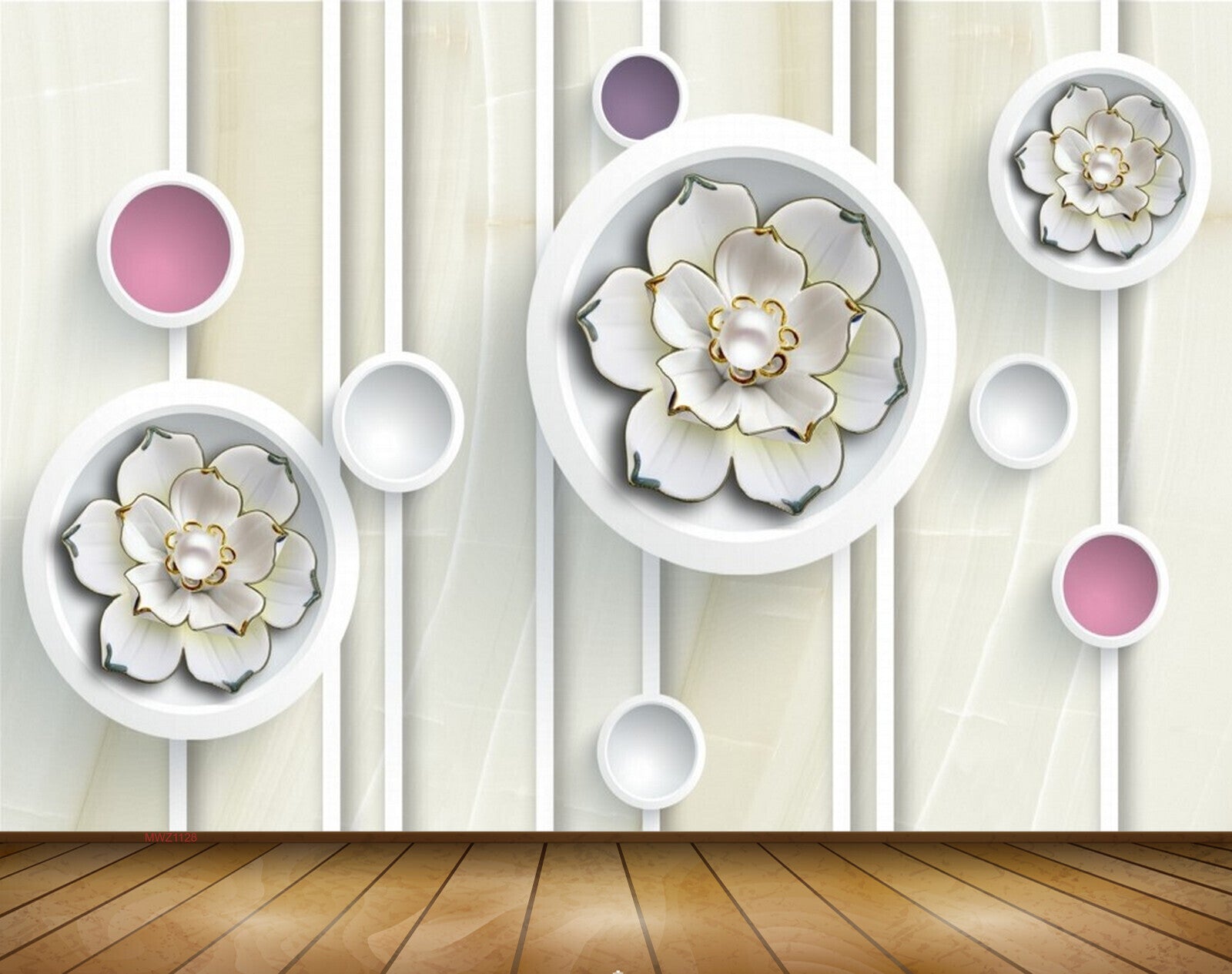 Avikalp MWZ1128 White Golden Flowers 3D HD Wallpaper