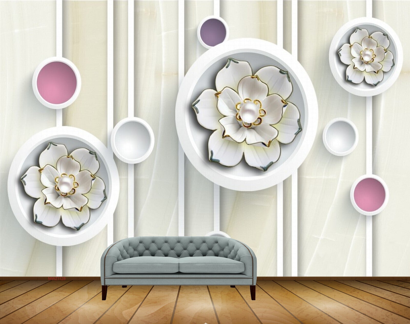 Avikalp MWZ1128 White Golden Flowers 3D HD Wallpaper