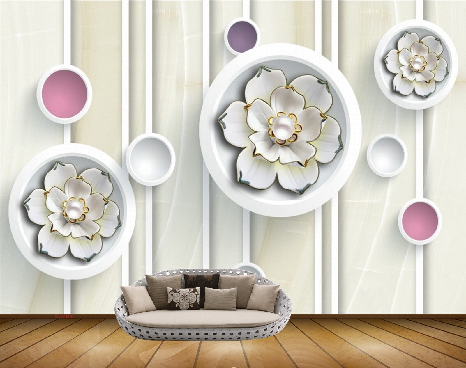 Avikalp MWZ1128 White Golden Flowers 3D HD Wallpaper