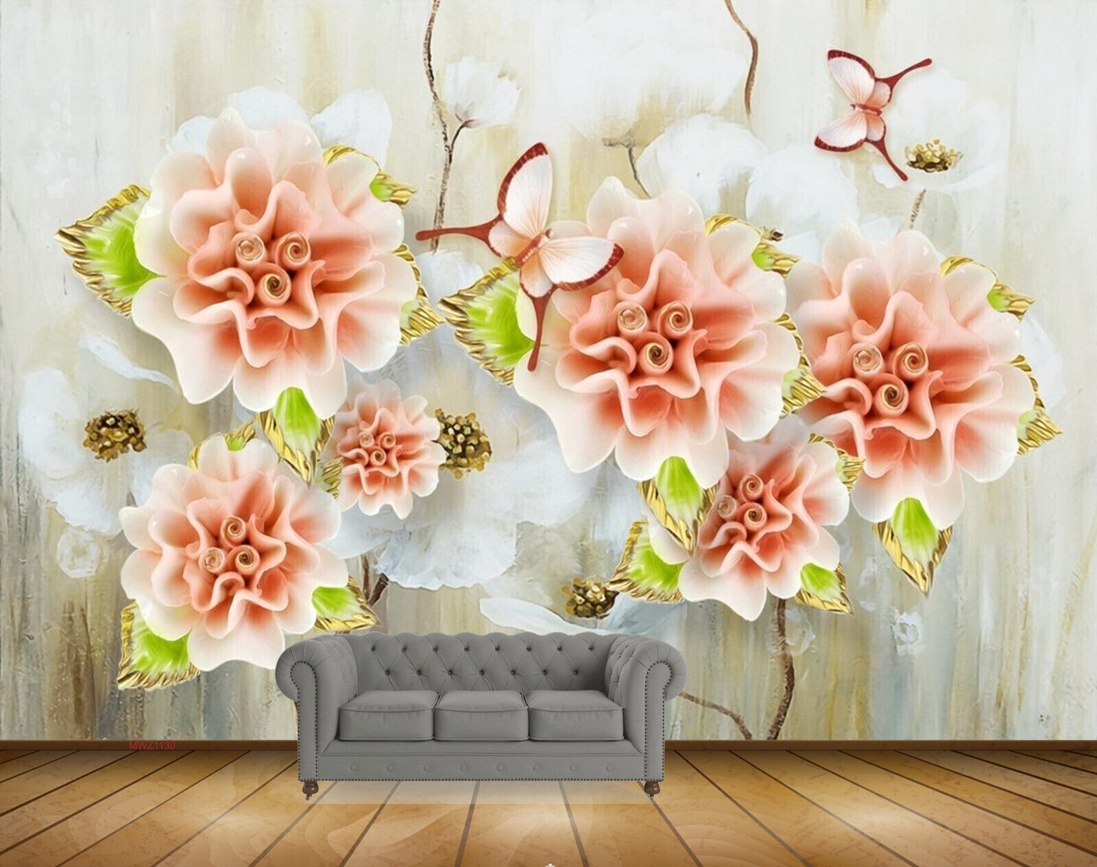 Avikalp MWZ1130 Peach White Flowers Butterflies 3D HD Wallpaper