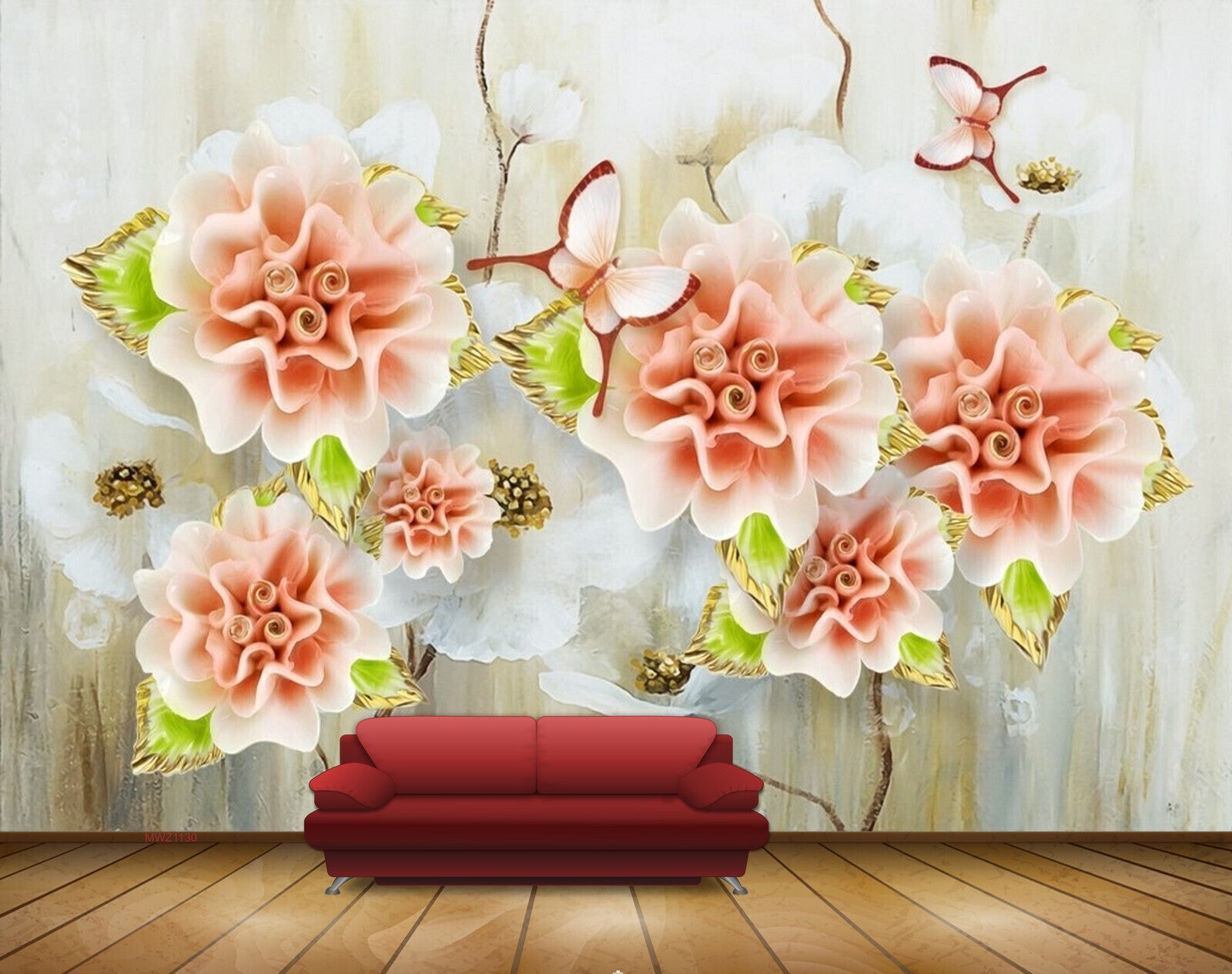 Avikalp MWZ1130 Peach White Flowers Butterflies 3D HD Wallpaper