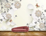 Avikalp MWZ1131 White Golden Flowers Butterflies 3D HD Wallpaper