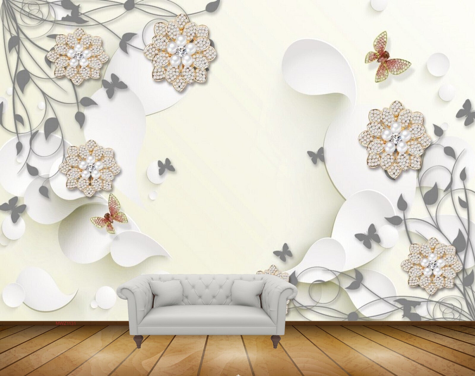 Avikalp MWZ1131 White Golden Flowers Butterflies 3D HD Wallpaper