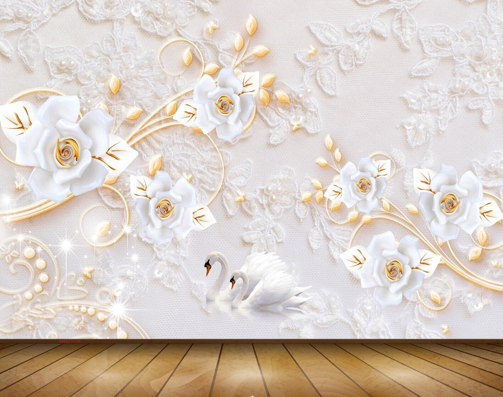 Avikalp MWZ1133 White Golden Flowers Swans 3D HD Wallpaper