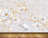 Avikalp MWZ1133 White Golden Flowers Swans 3D HD Wallpaper