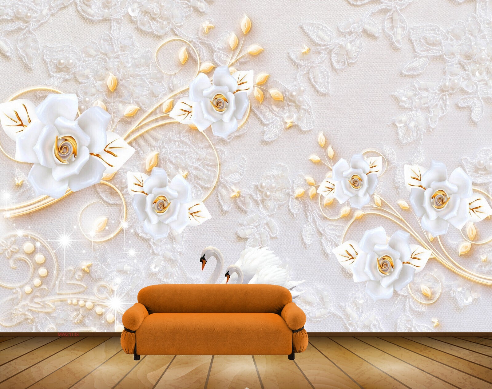 Avikalp MWZ1133 White Golden Flowers Swans 3D HD Wallpaper