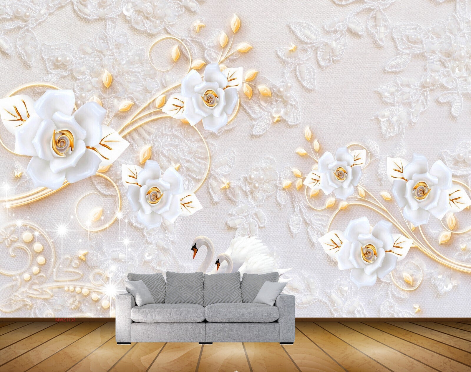 Avikalp MWZ1133 White Golden Flowers Swans 3D HD Wallpaper
