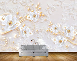 Avikalp MWZ1133 White Golden Flowers Swans 3D HD Wallpaper