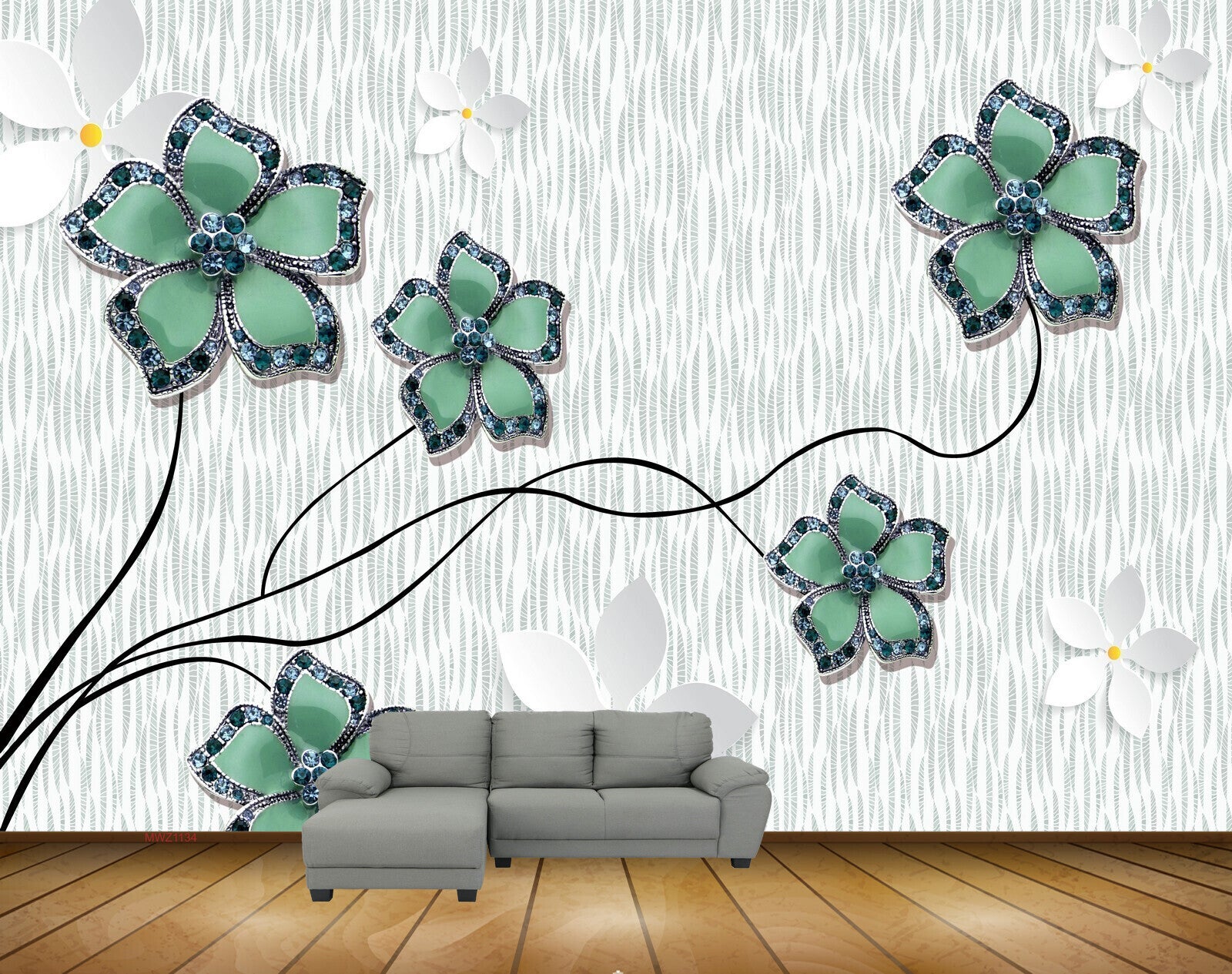 Avikalp MWZ1134 Green White Flowers 3D HD Wallpaper