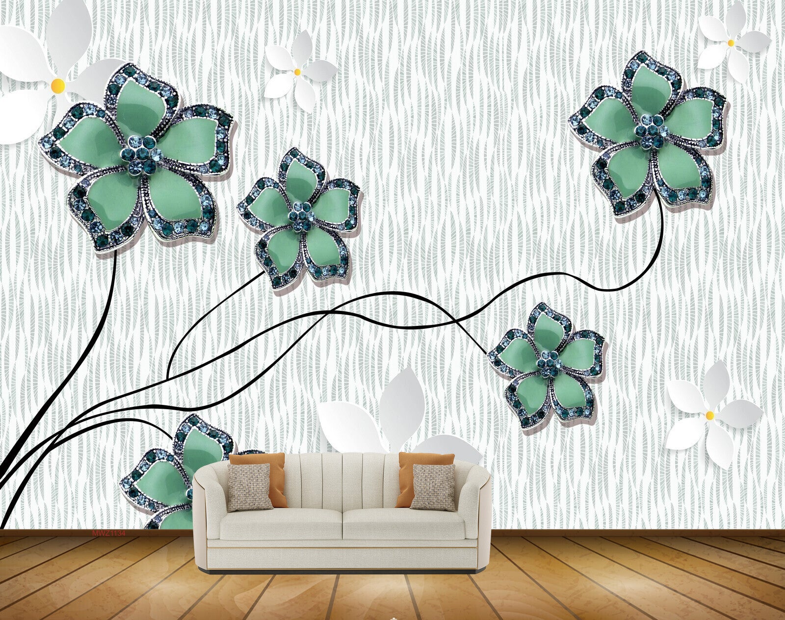 Avikalp MWZ1134 Green White Flowers 3D HD Wallpaper