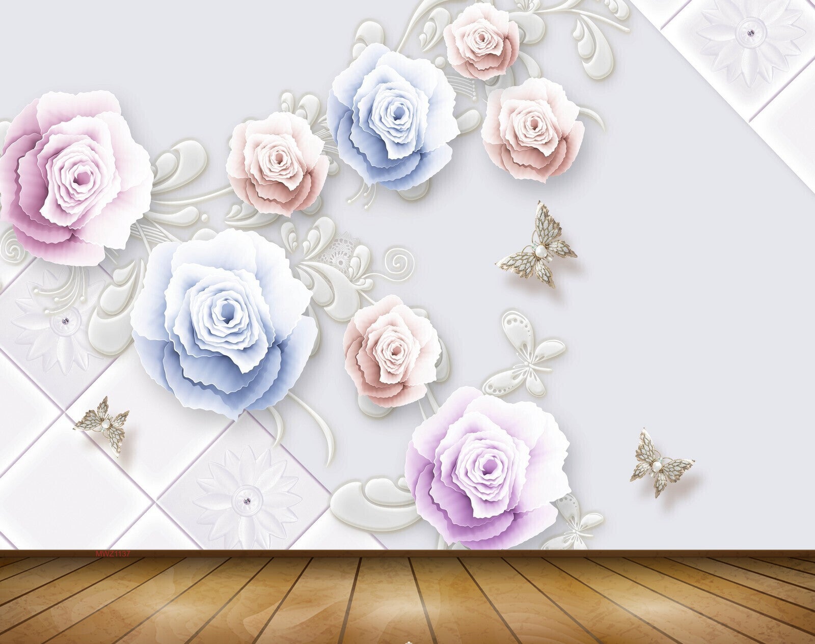 Avikalp MWZ1137 Pink Blue Flowers Butterflies 3D HD Wallpaper