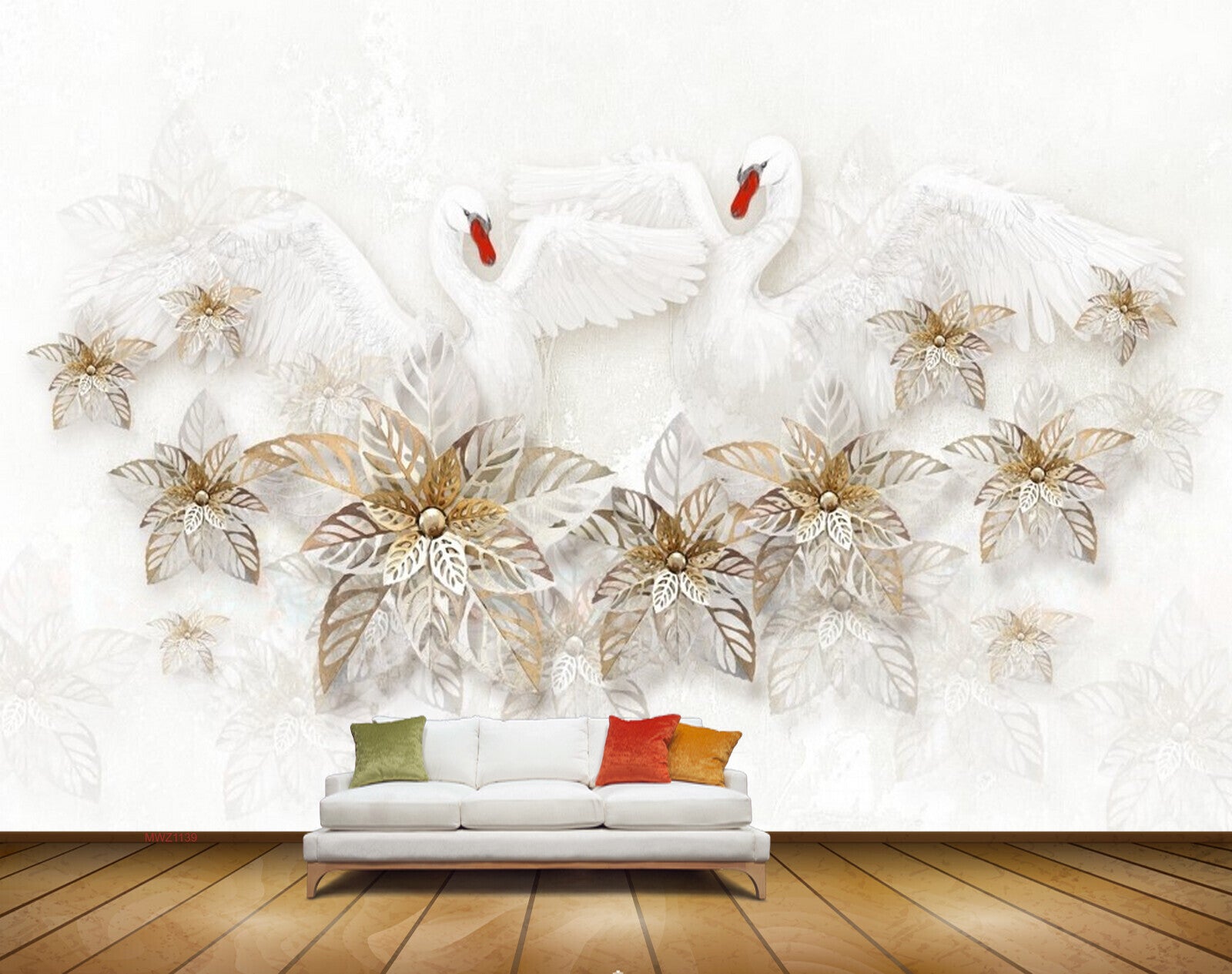Avikalp MWZ1139 Golden Leaves Swans 3D HD Wallpaper