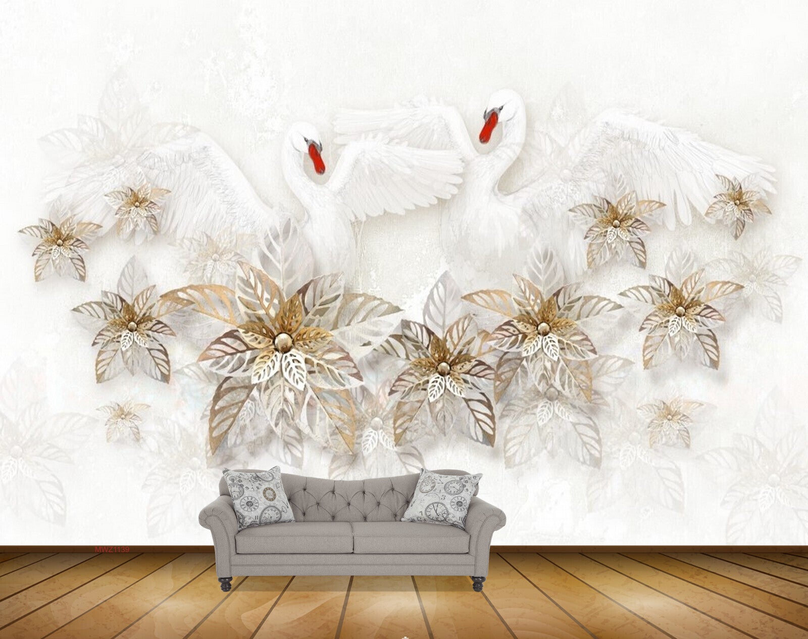Avikalp MWZ1139 Golden Leaves Swans 3D HD Wallpaper