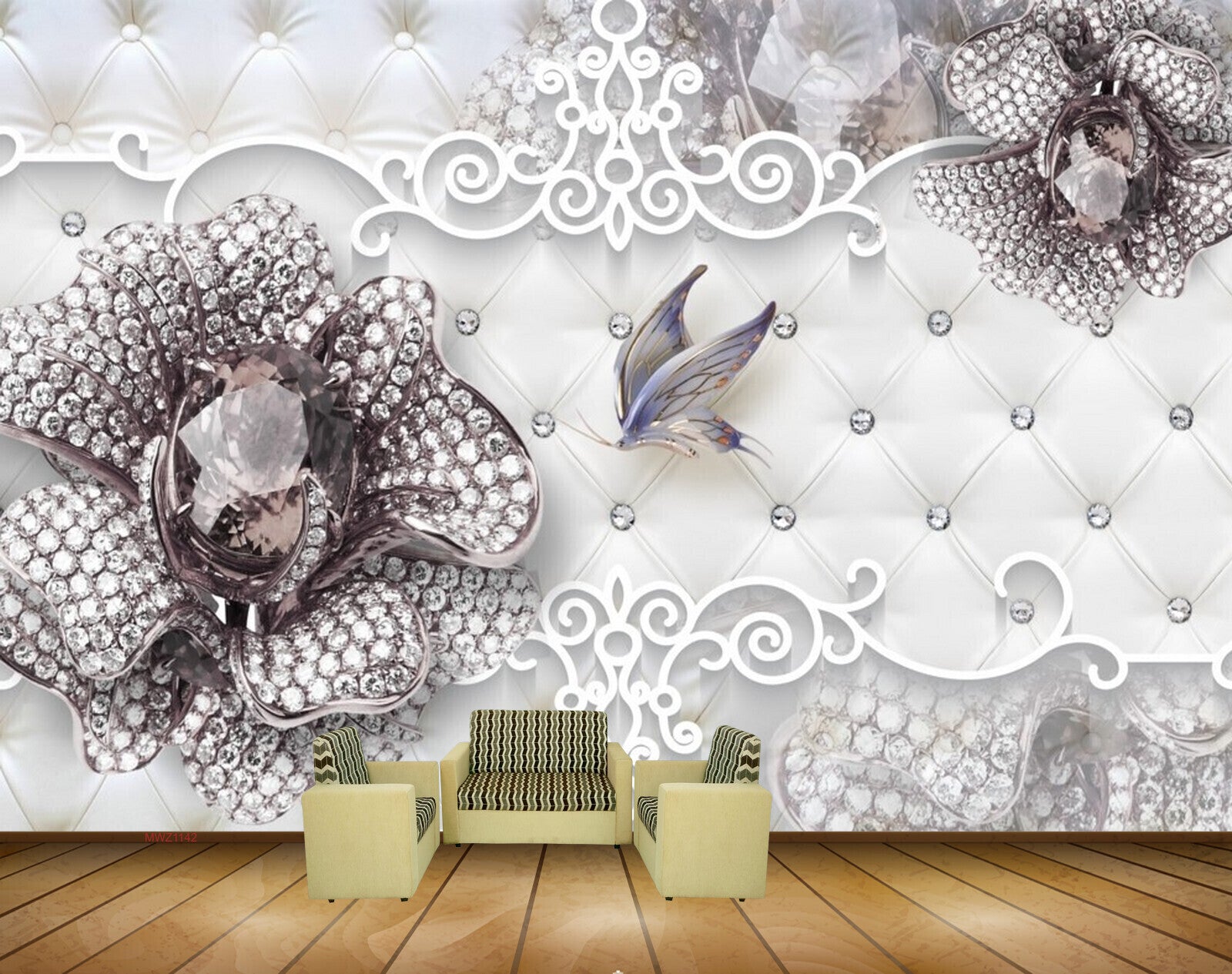 Avikalp MWZ1142 Silver Flowers Butterflies HD Wallpaper