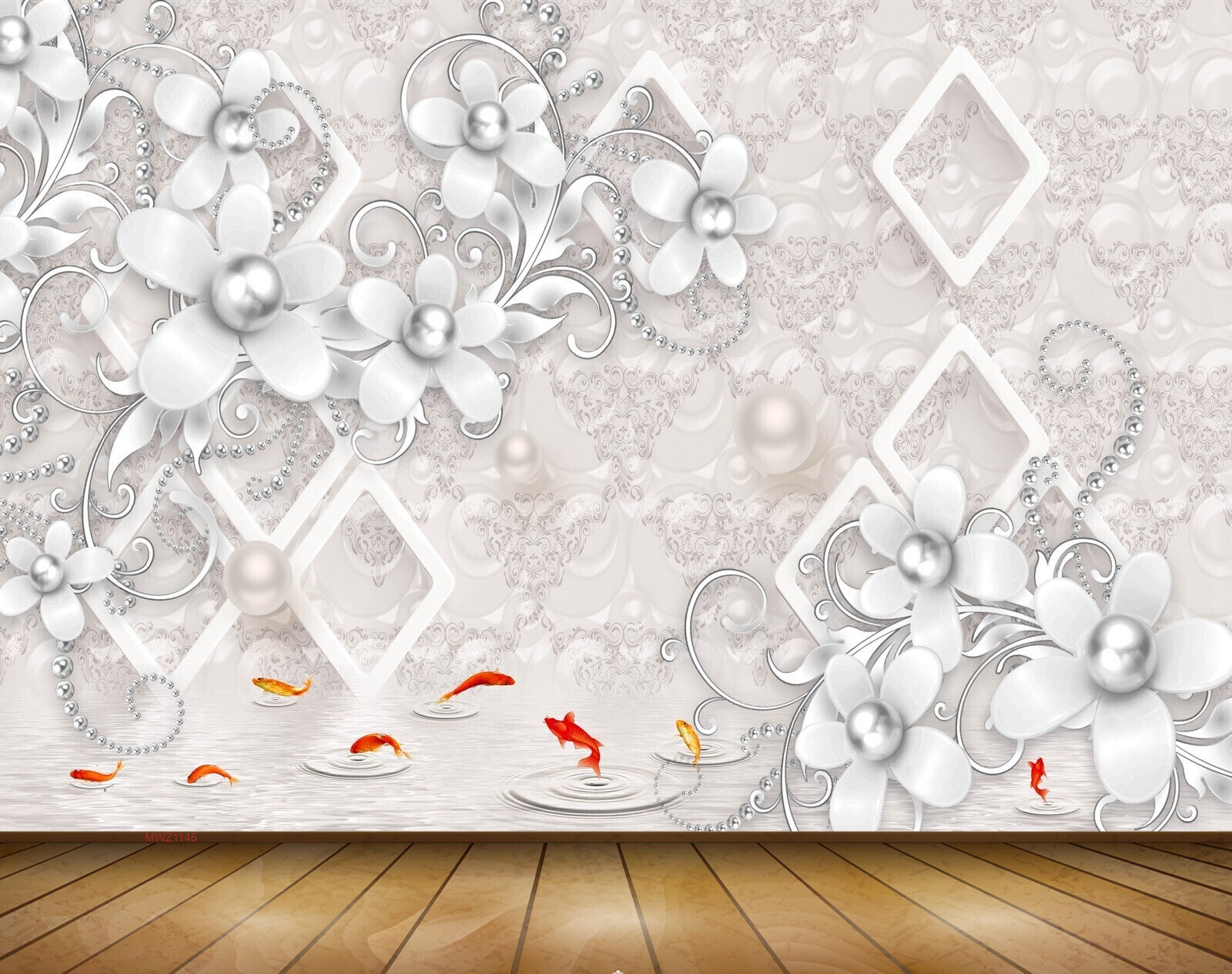 Avikalp MWZ1145 White Flowers Fishes 3D HD Wallpaper