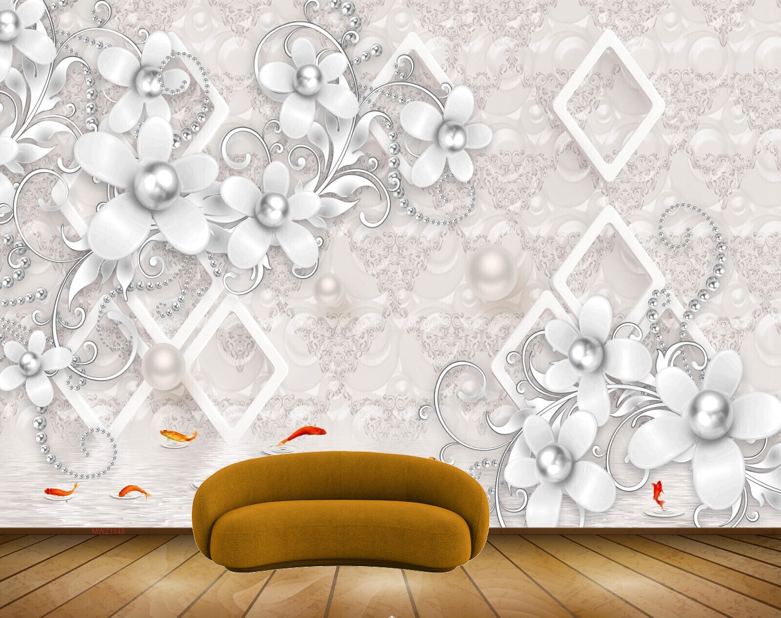 Avikalp MWZ1145 White Flowers Fishes 3D HD Wallpaper