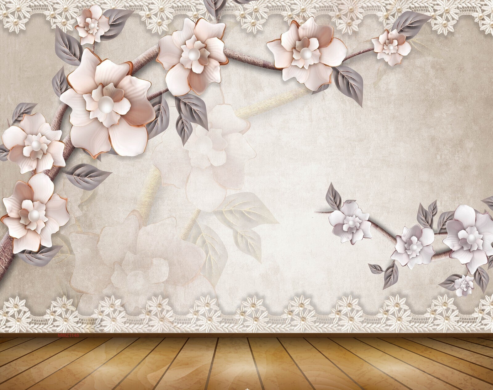 Avikalp MWZ1148 Peach Flowers Leaves 3D HD Wallpaper