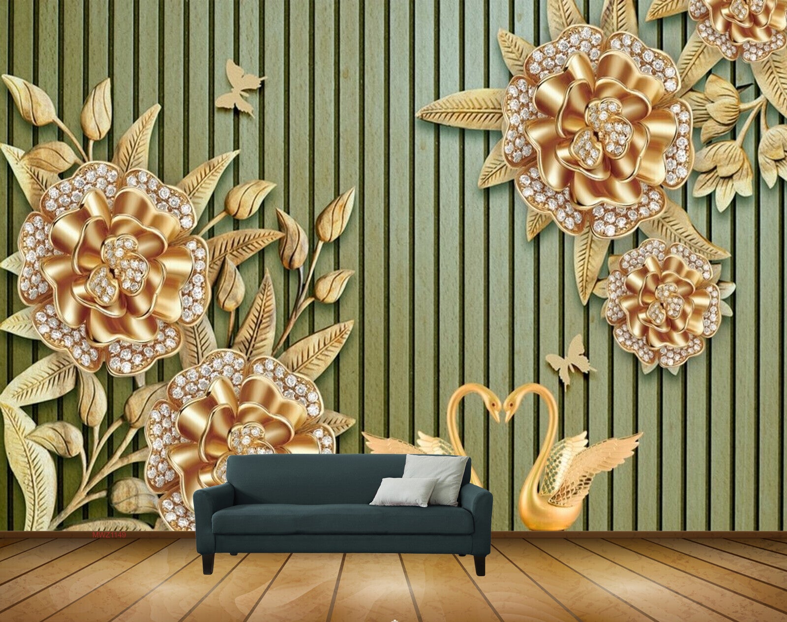Avikalp MWZ1149 Golden Flowers Leaves Cranes Butterflies HD Wallpaper