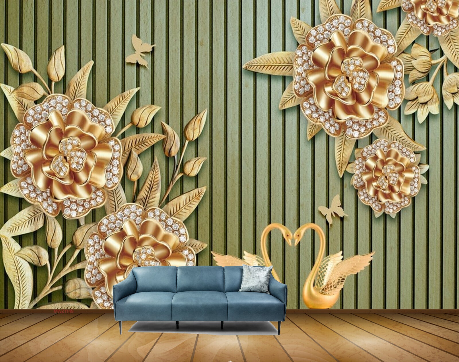 Avikalp MWZ1149 Golden Flowers Leaves Cranes Butterflies 3D HD Wallpaper