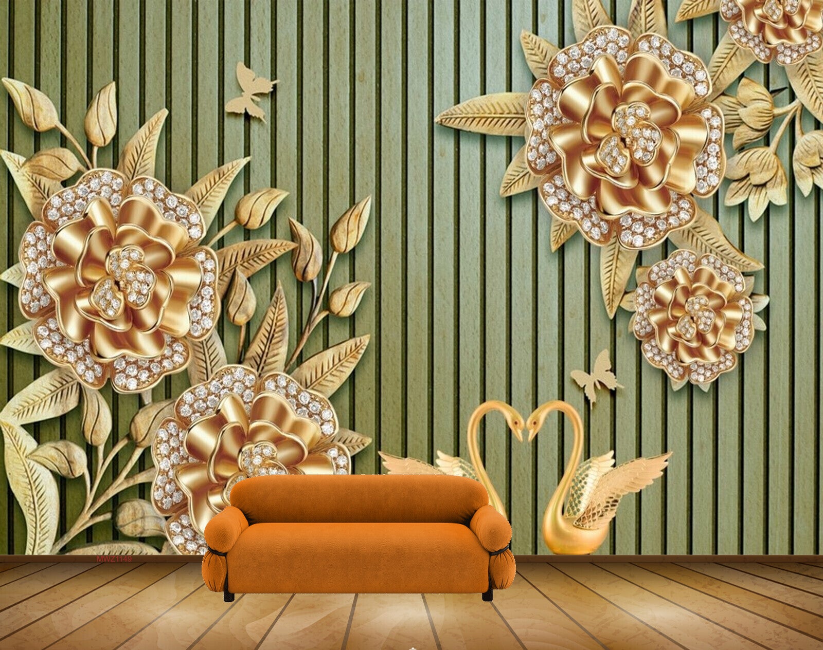 Avikalp MWZ1149 Golden Flowers Leaves Cranes Butterflies 3D HD Wallpaper