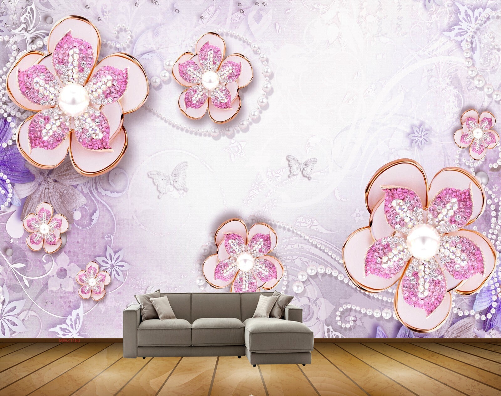 Avikalp MWZ1150 Pink Flowers Butterflies 3D HD Wallpaper