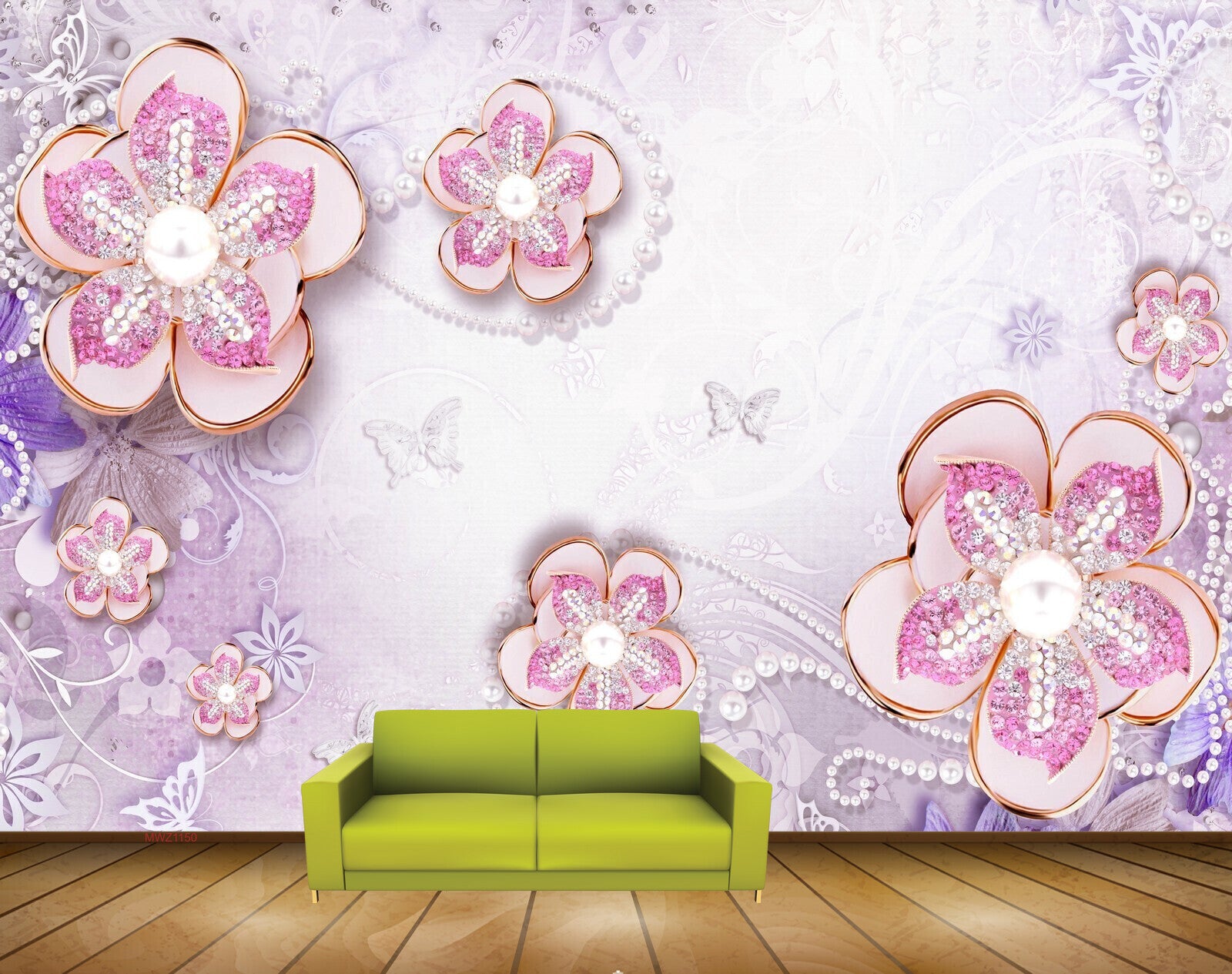 Avikalp MWZ1150 Pink Flowers Butterflies 3D HD Wallpaper
