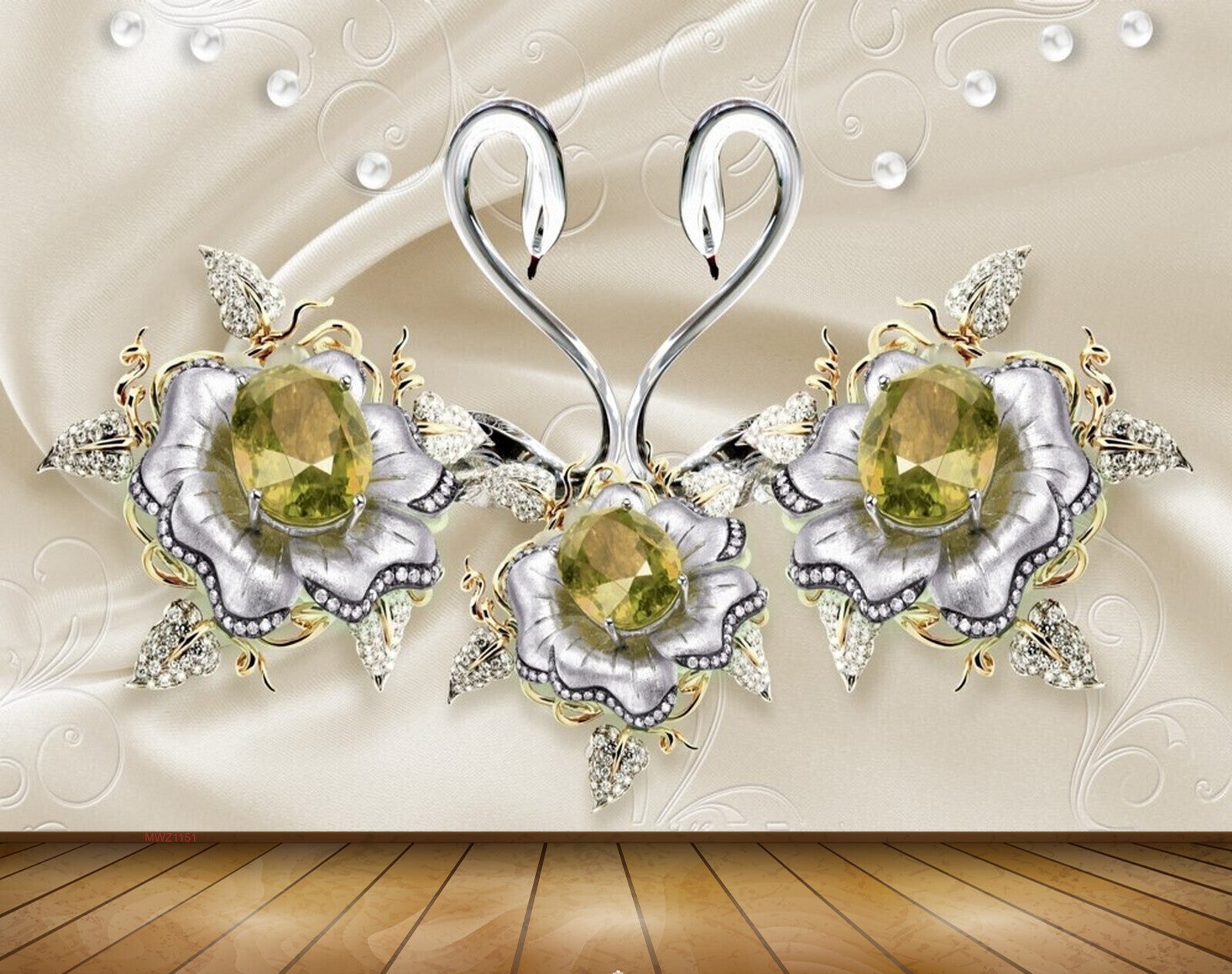 Avikalp MWZ1151 White Green Flowers Cranes 3D HD Wallpaper