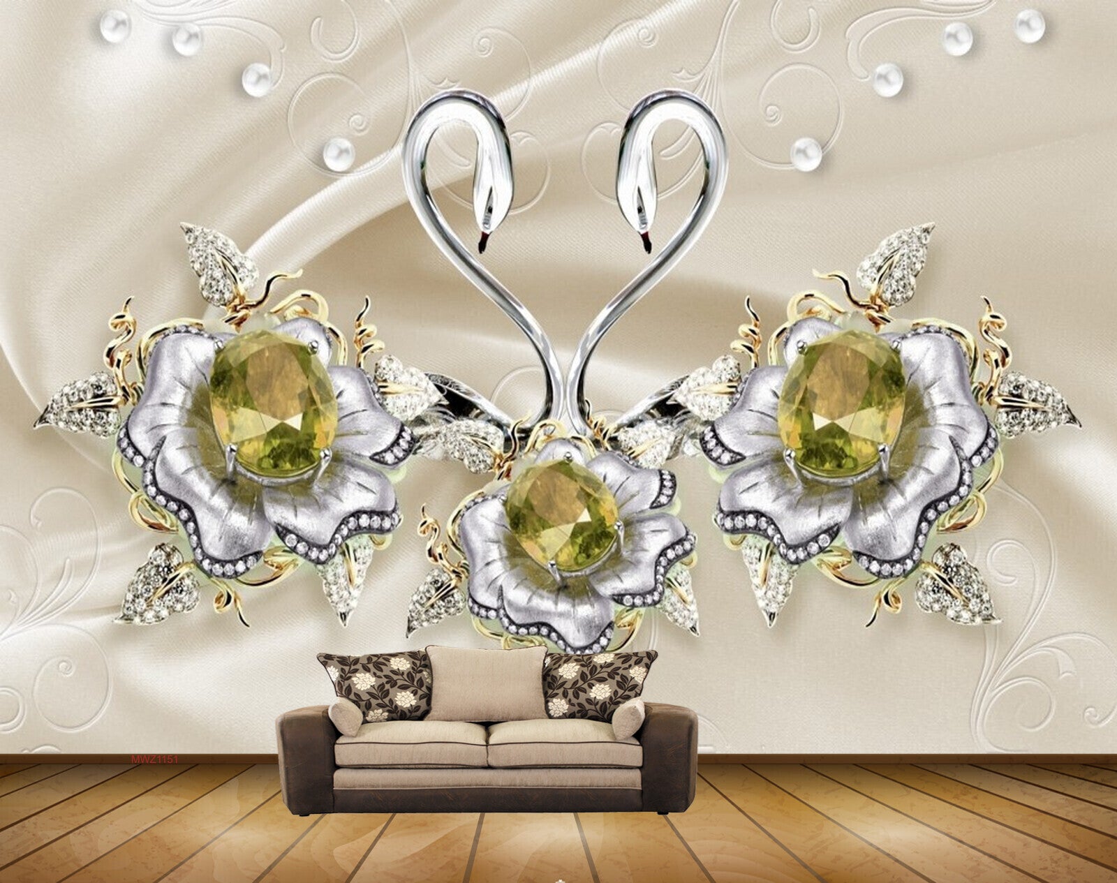 Avikalp MWZ1151 White Green Flowers Cranes 3D HD Wallpaper
