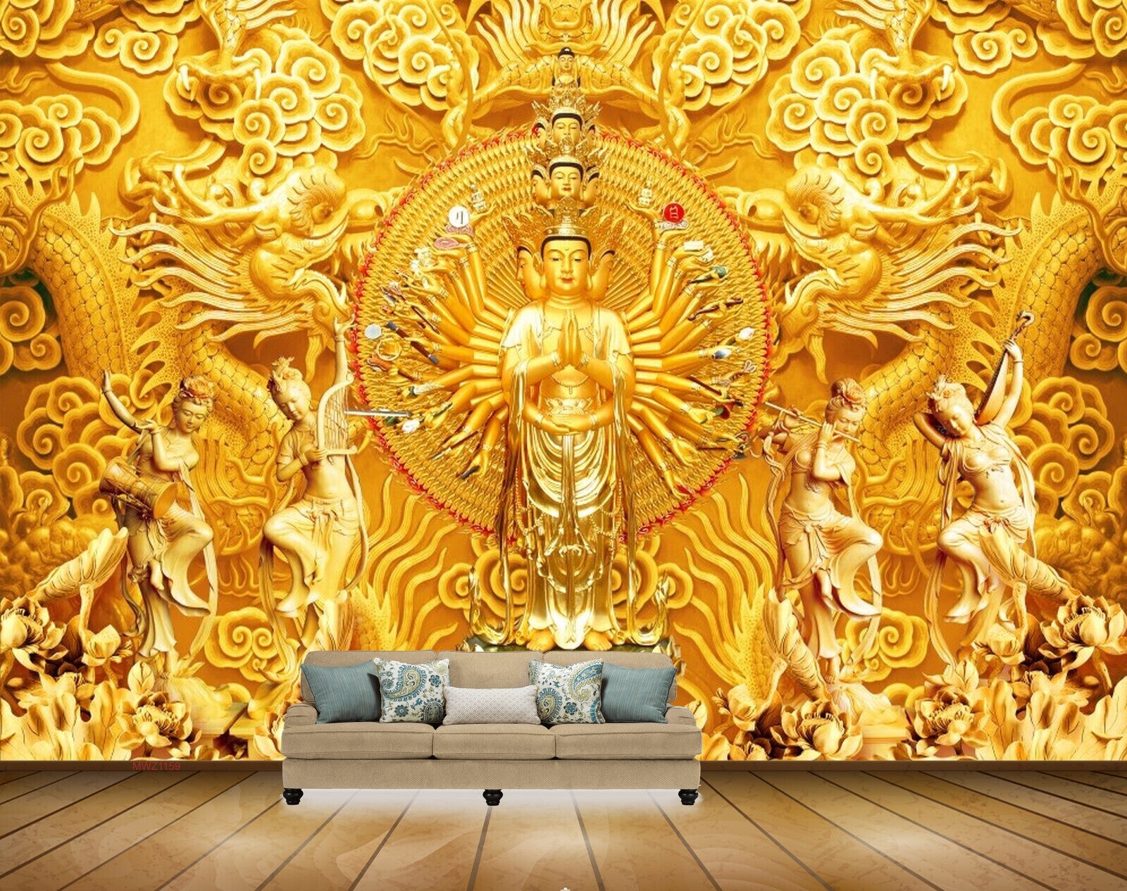 Avikalp MWZ1159 Golden Statues Flowers 3D HD Wallpaper