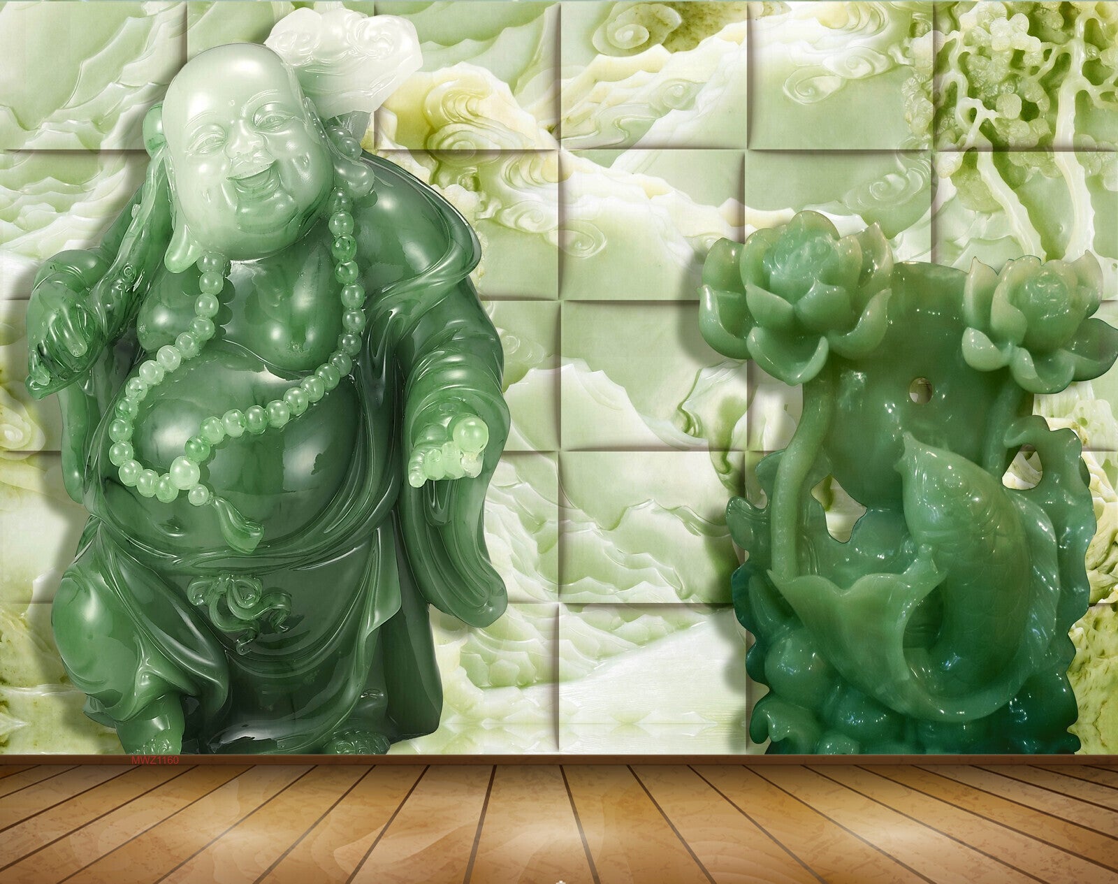 Avikalp MWZ1160 White Green Laughing Budha Flowers 3D HD Wallpaper