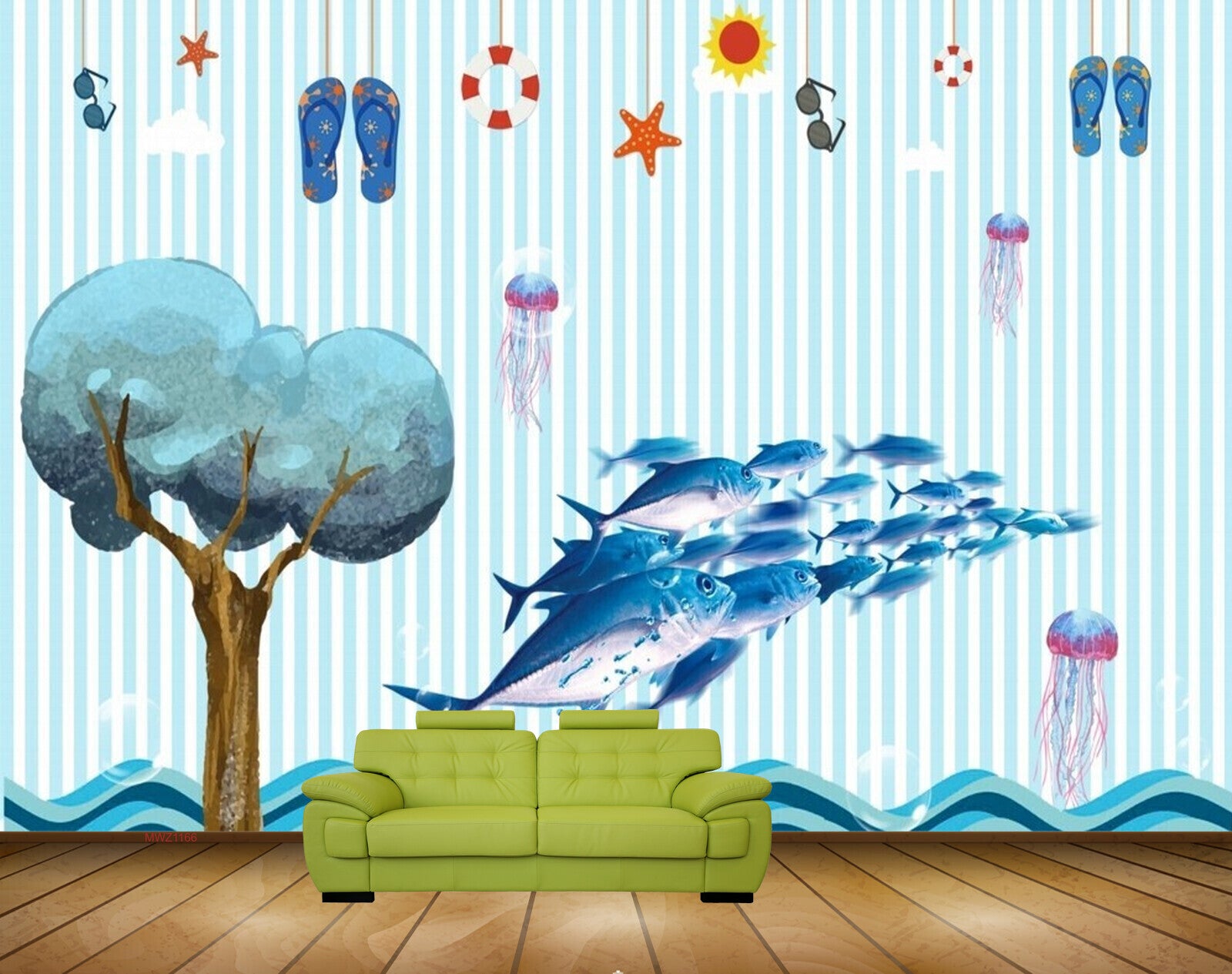 Avikalp MWZ1166 Blue Fishes Chappals Tree sun Stars HD Wallpaper
