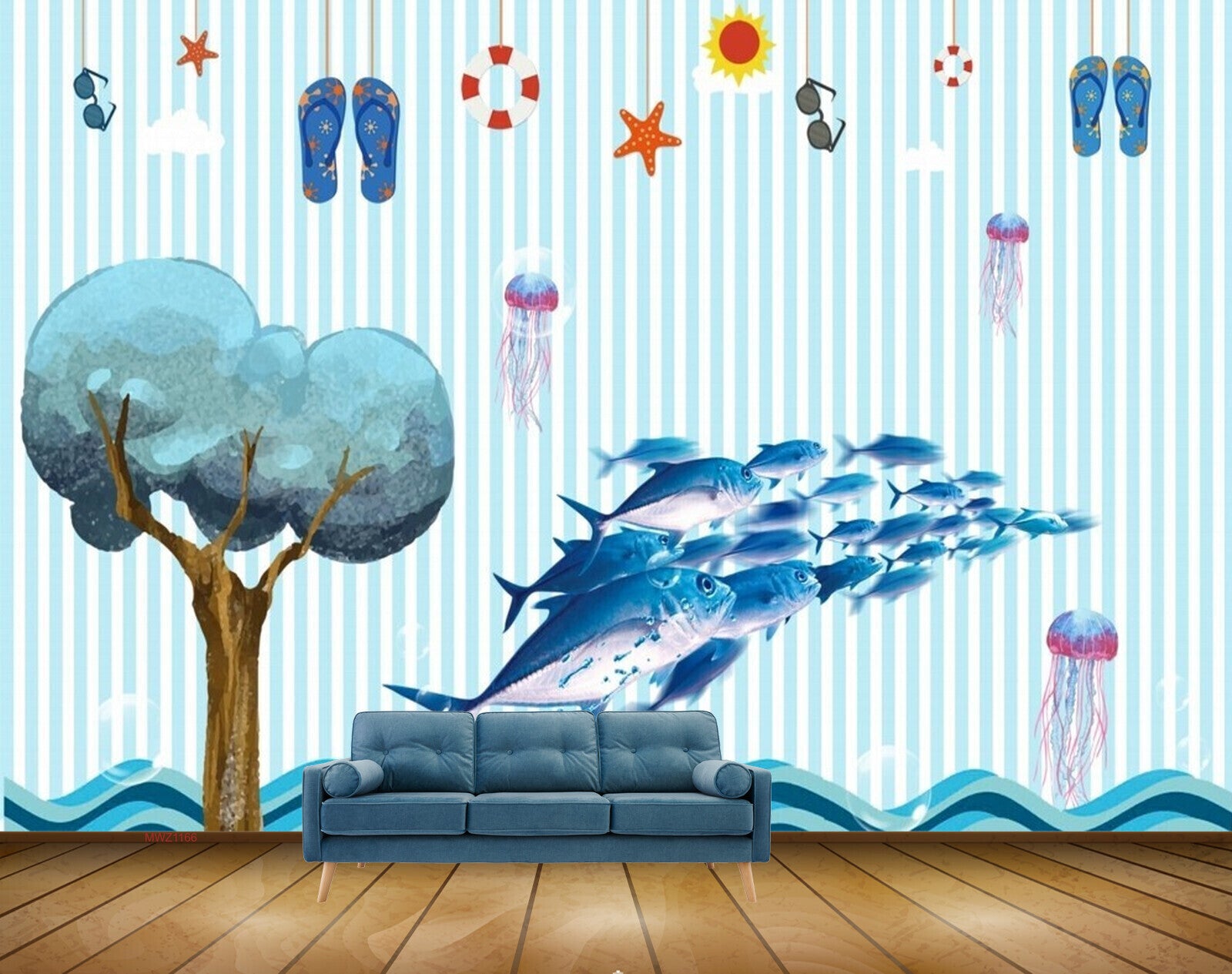 Avikalp MWZ1166 Blue Fishes Chappals Tree sun Stars 3D HD Wallpaper