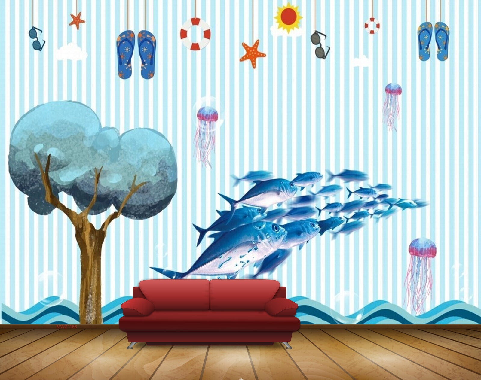 Avikalp MWZ1166 Blue Fishes Chappals Tree sun Stars 3D HD Wallpaper
