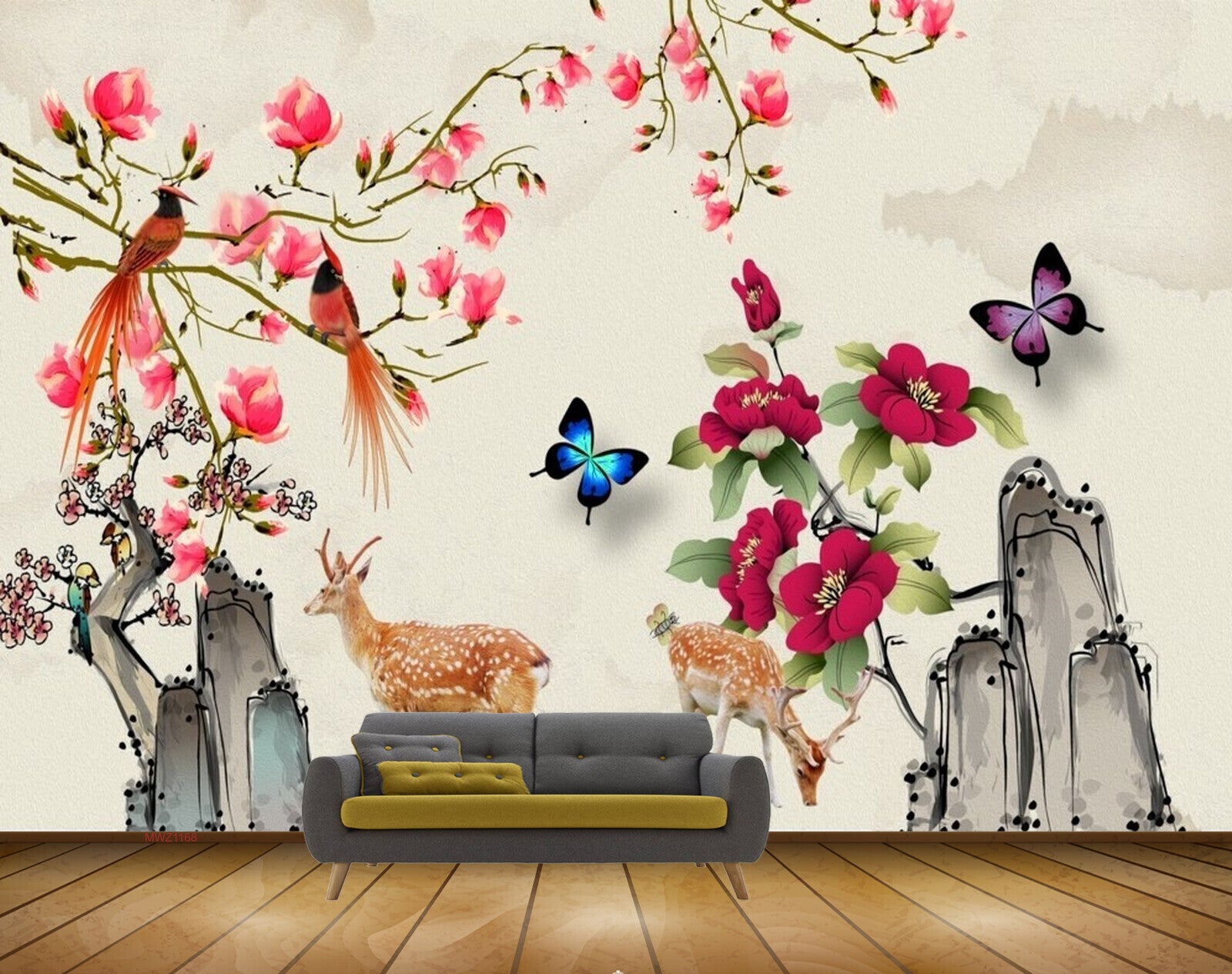 Avikalp MWZ1168  Pink Flowers Deers Butterflies Birds 3D HD Wallpaper