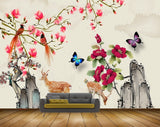 Avikalp MWZ1168  Pink Flowers Deers Butterflies Birds 3D HD Wallpaper