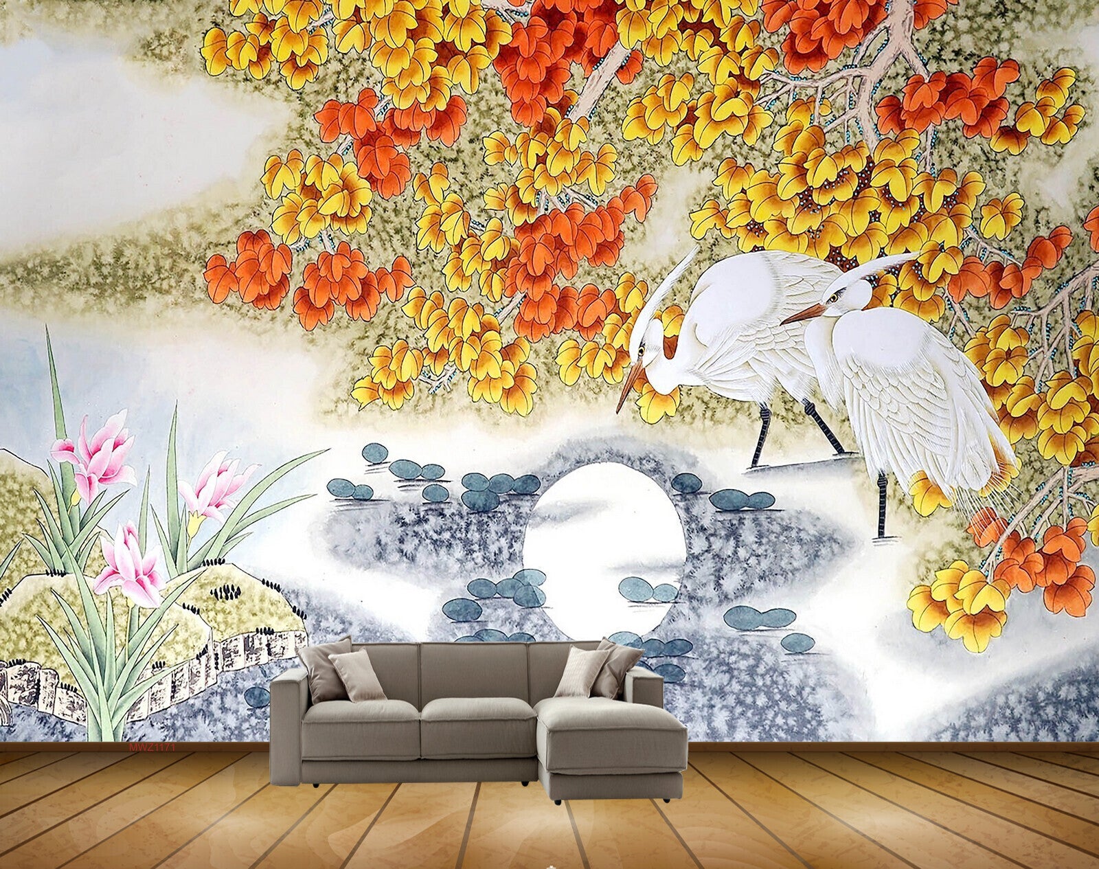 Avikalp MWZ1171 Yellow Orange Flowers Moon Cranes Stones 3D HD Wallpaper