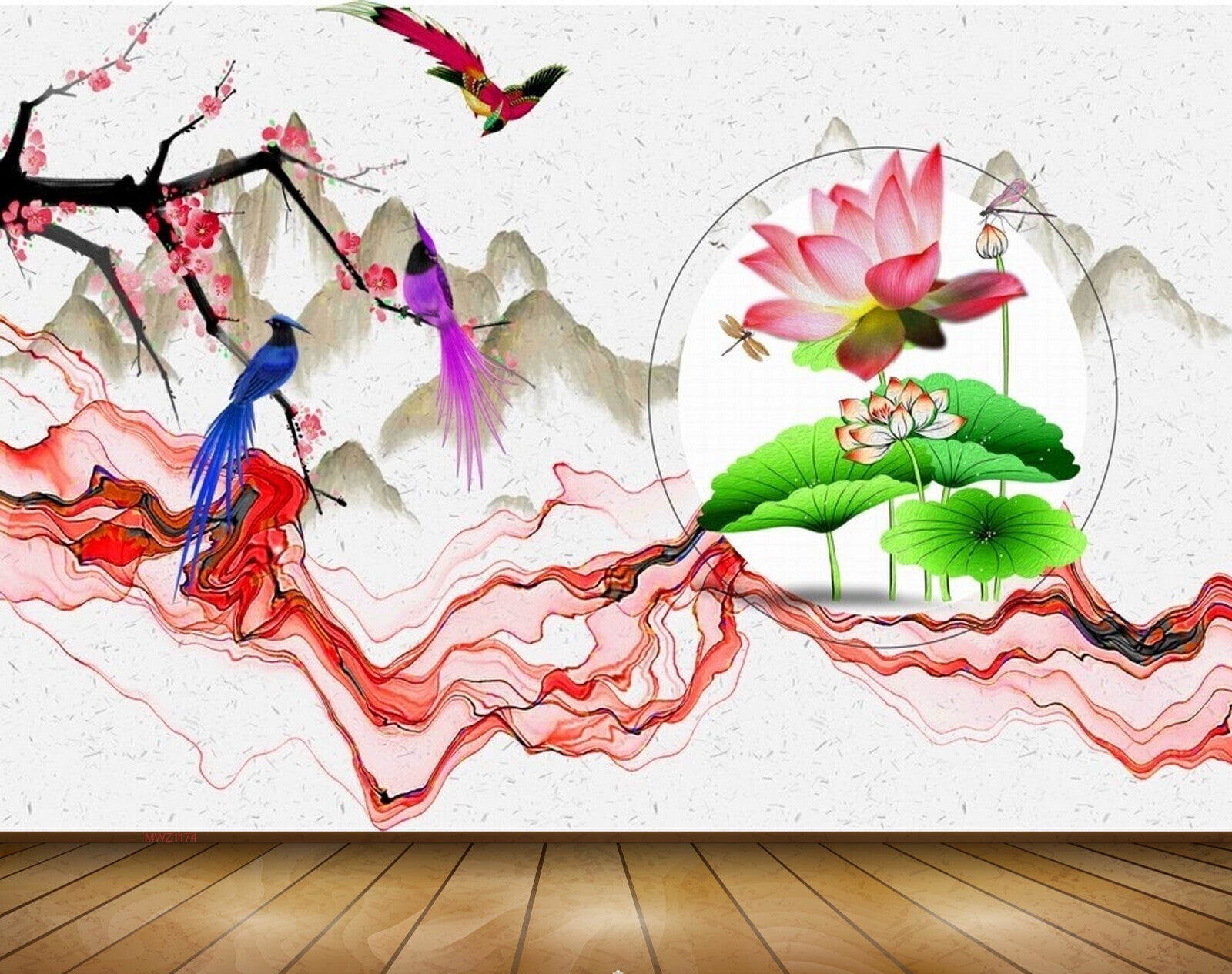 Avikalp MWZ1174 Pink lotus Flower Branches Birds Flies 3D HD Wallpaper