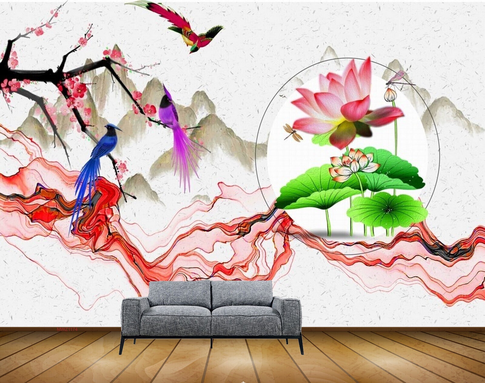 Avikalp MWZ1174 Pink lotus Flower Branches Birds Flies 3D HD Wallpaper