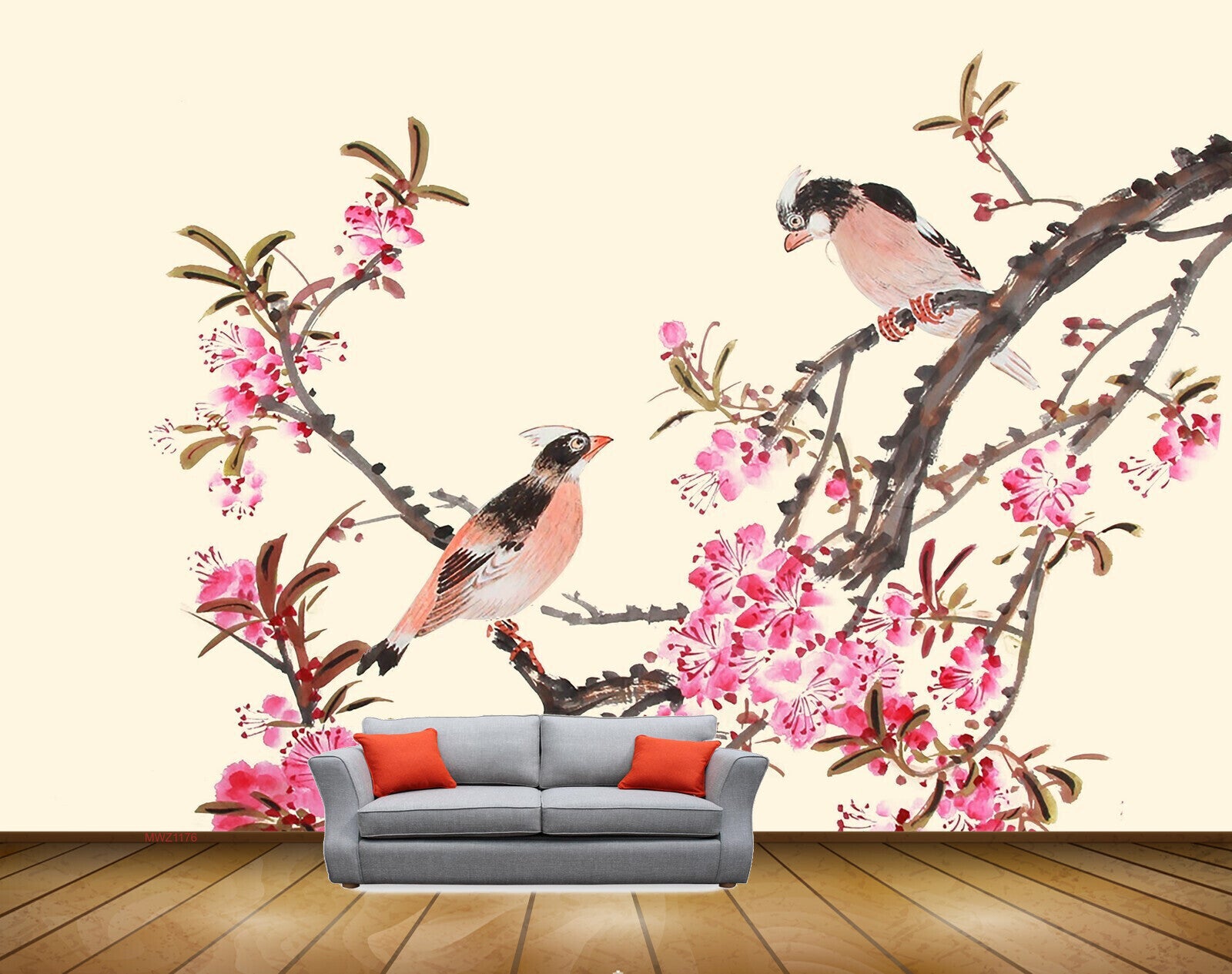 Avikalp MWZ1176 Pink Flowers Birds Branches 3D HD Wallpaper