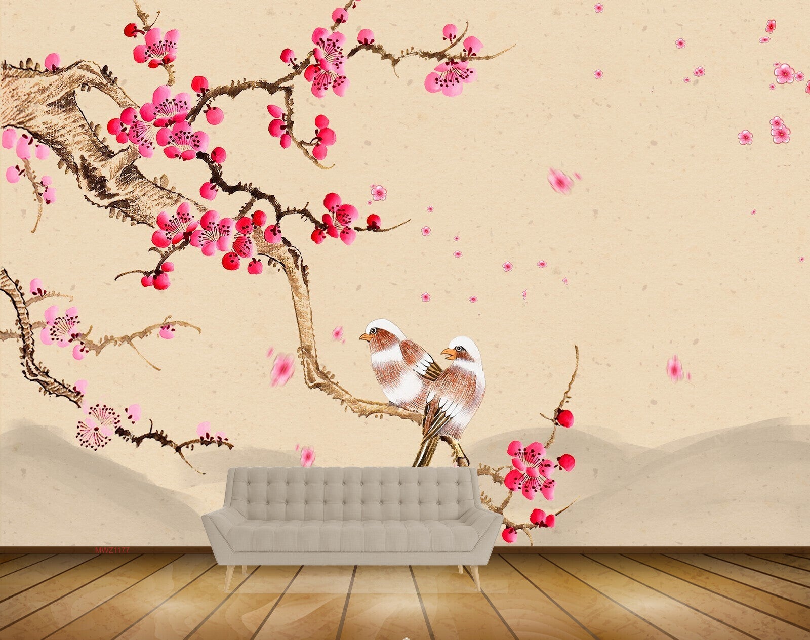 Avikalp MWZ1177 Pink Flowers Birds Branches 3D HD Wallpaper