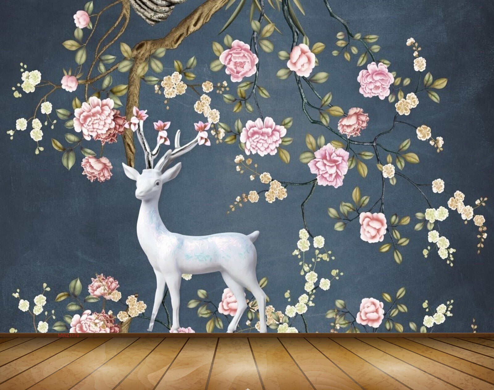 Avikalp MWZ1179 White Pink Flowers Deer 3D HD Wallpaper